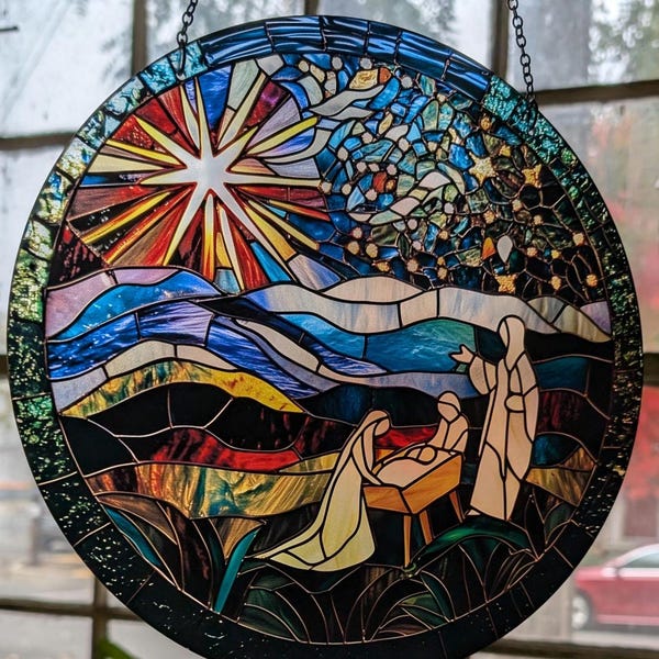 Födelse: Fönsterhänge i målat glas