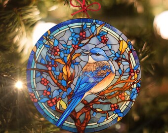 Red Berry Bluebird: Glasmalerei-Weihnachtsverzierung - Hergestellt aus echtem Glas