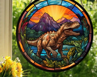 Roaring Dinosaur: Stained Glass Style Wall or Window Hanging