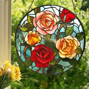 Rose Bouquet: Stained Glass Style Wall or Window Hanging