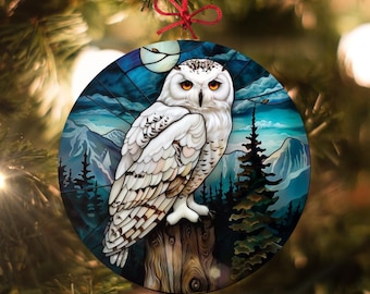 シロフクロウ：ステンドグラス風クリスマスオーナメント - 本物の
