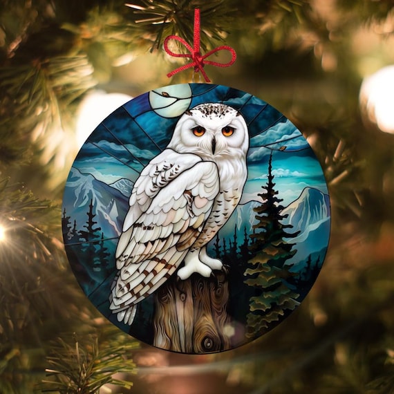 ステンドグラス受注制作オーナメント＊ふくろう シロフクロウ：ステンドグラス風クリスマスオーナメント - 本物の