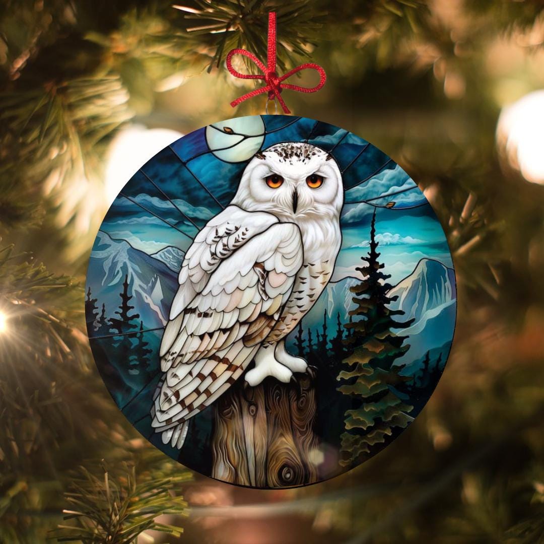 シロフクロウ：ステンドグラス風クリスマスオーナメント - 本物の