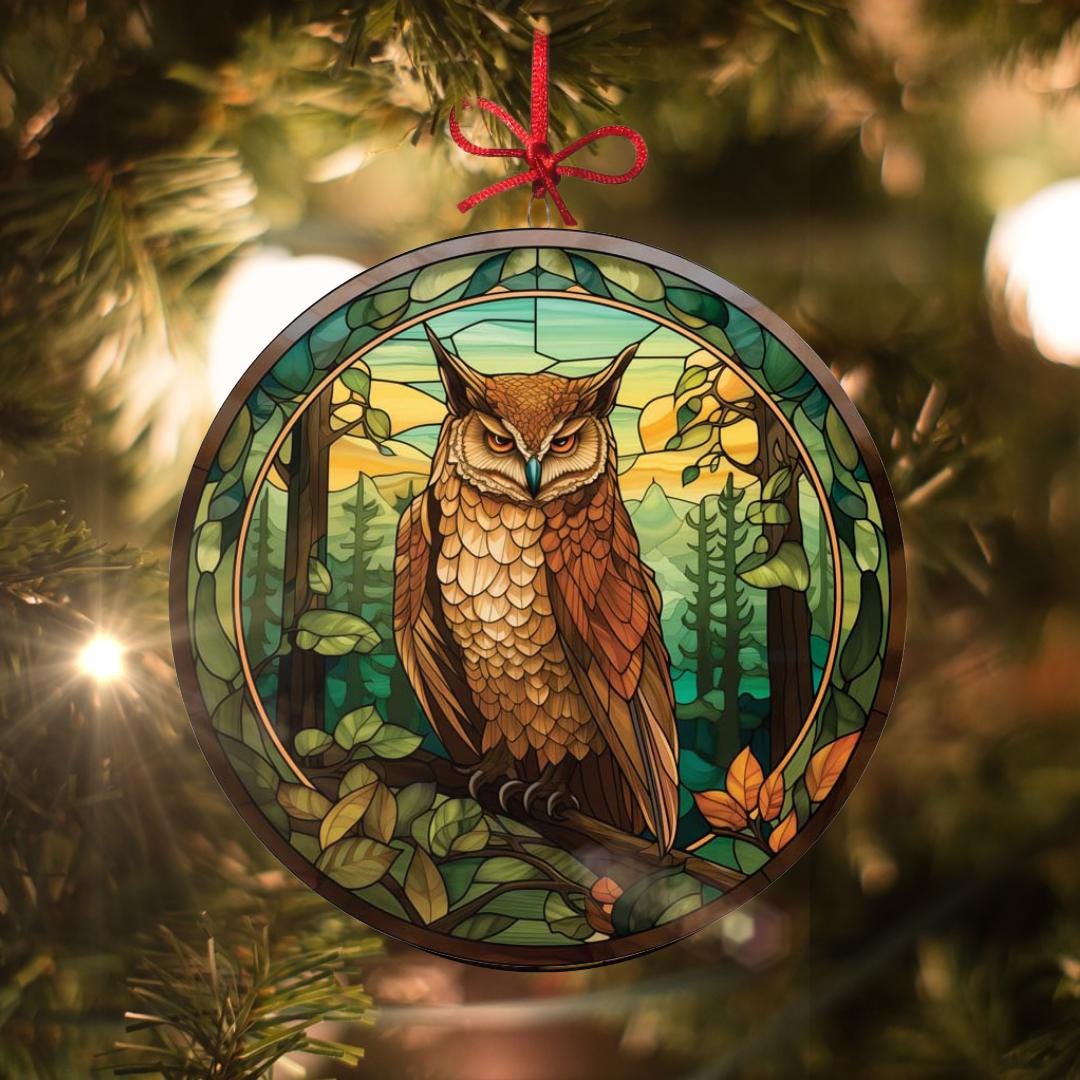 ステンドグラス受注制作オーナメント＊ふくろう 森のフクロウ：ステンドグラス風クリスマスオーナメント - 本物の