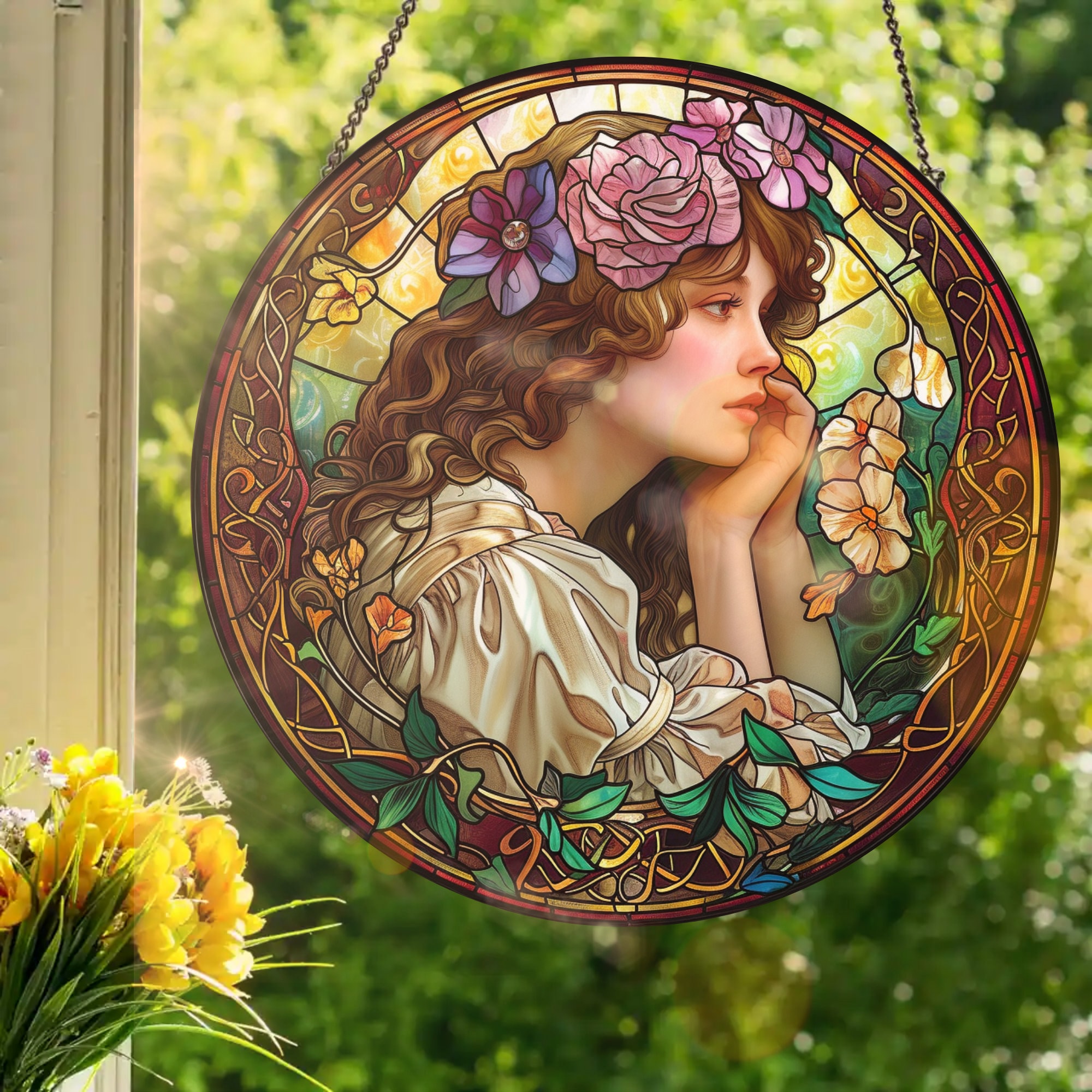 Spring Female Nouveau: Stained Glass Style Window Hanging Made