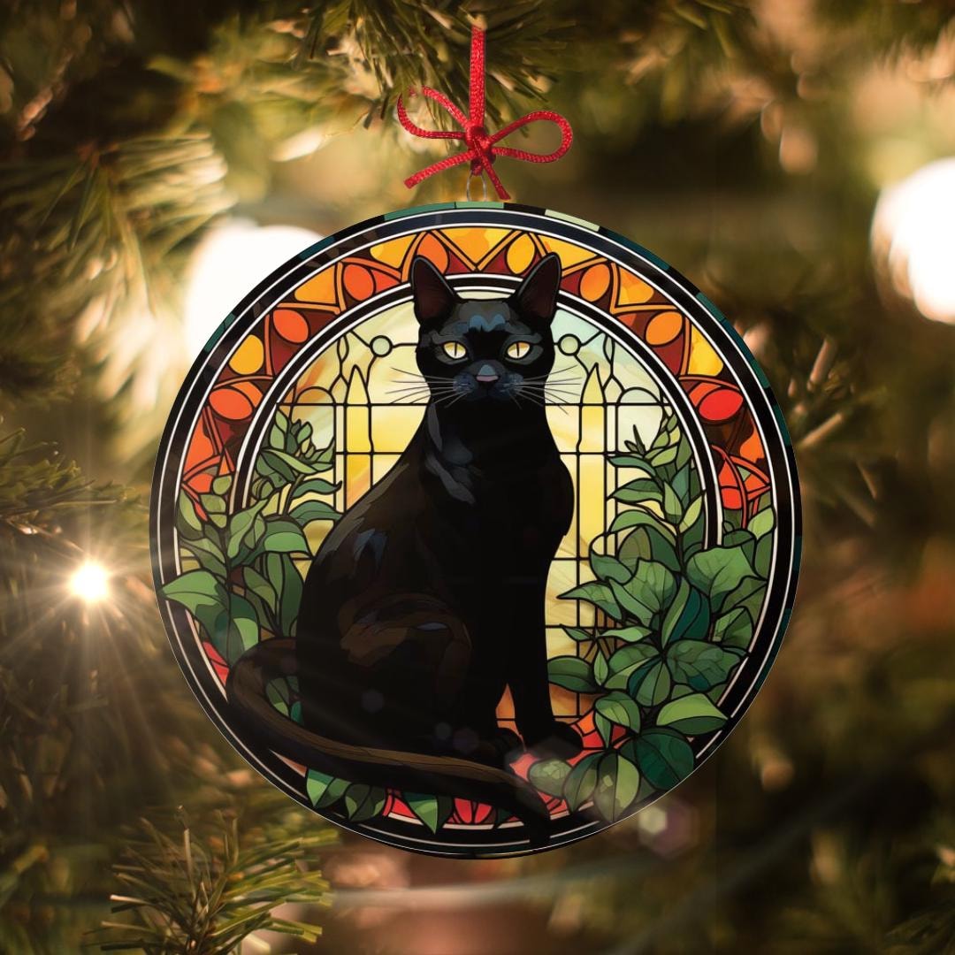 温室の黒猫：ステンドグラス風クリスマスオーナメント - 本物のガラス