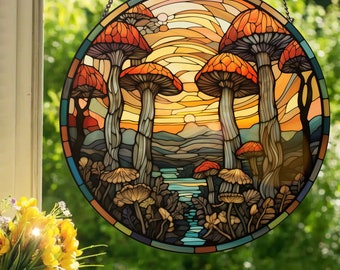 Mushroom Forest: Stained Glass Style Wall or Window Hanging