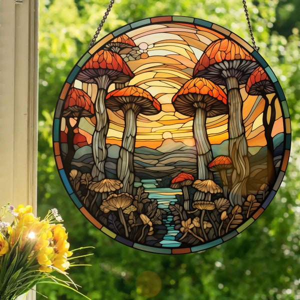 Mushroom Forest: Stained Glass Style Wall or Window Hanging
