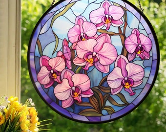 Pink Orchids: Stained Glass Style Wall or Window Hanging Made With Real Glass