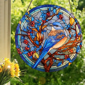 Red Berry Bluebird: Stained Glass Style Wall or Window Hanging