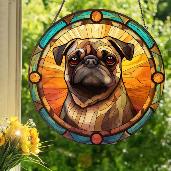 Black and Tan Pug: Stained Glass Style Wall or Window Hanging