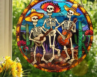 Dia de los Muertos Mariachi: Stained Glass Style Wall or Window Hanging