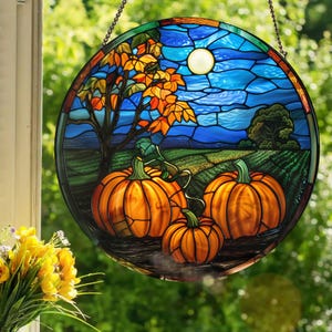 以下が含まれることがあります： 3つのカボチャがフィールドに置かれ、オレンジの葉のついた木と満月のある青い空が描かれたステンドグラスの窓パネルです。