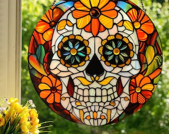 Sugar Skull with Marigolds: Stained Glass Style Wall or Window Hanging