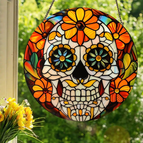 Calavera de azúcar con caléndulas: colgante de pared o ventana estilo vidriera