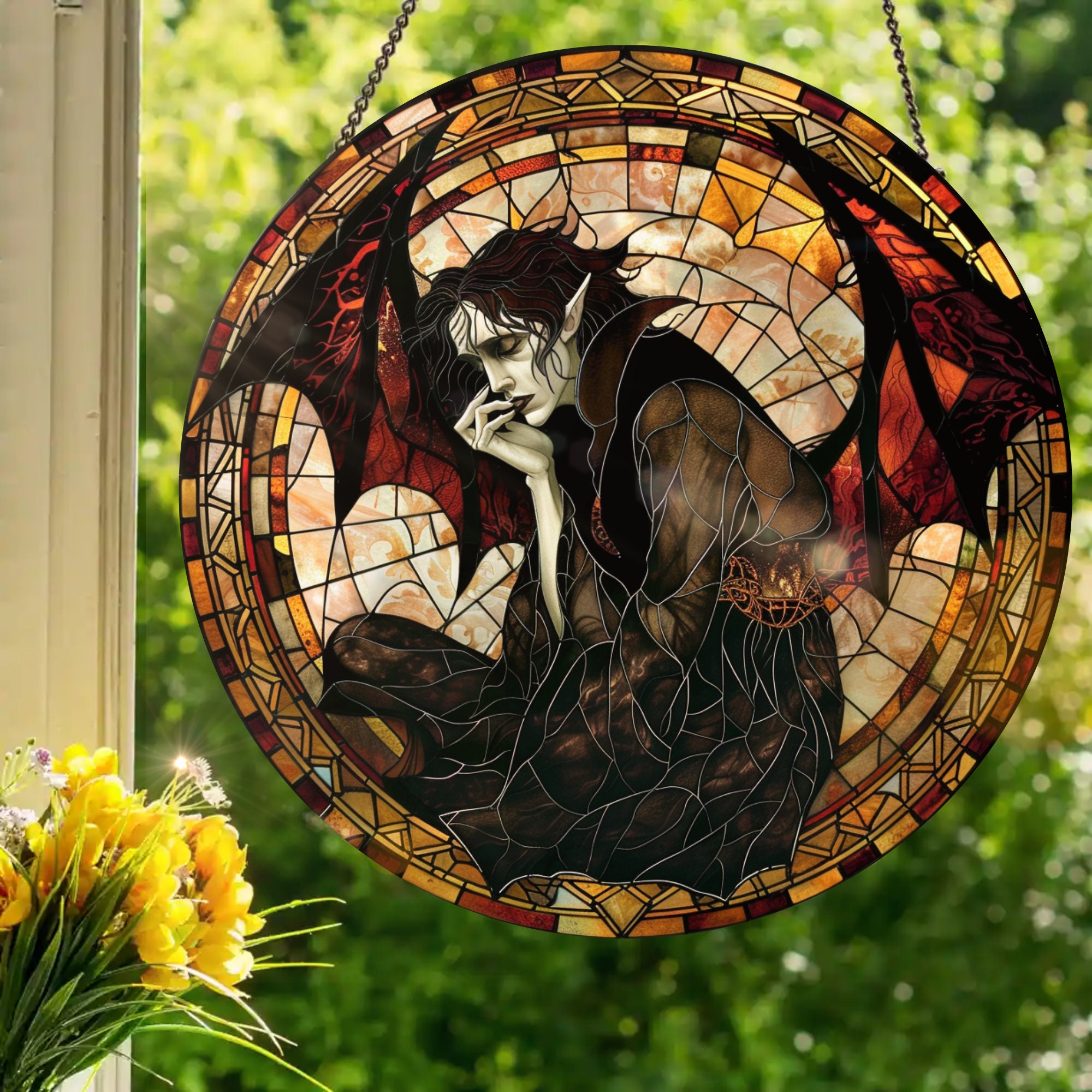 Brooding Vampire: Stained Glass Style Window Hanging Made With