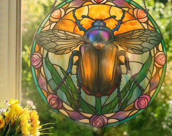 Art Nouveau Beetle: Stained Glass Style Wall or Window Hanging Made With Real Glass