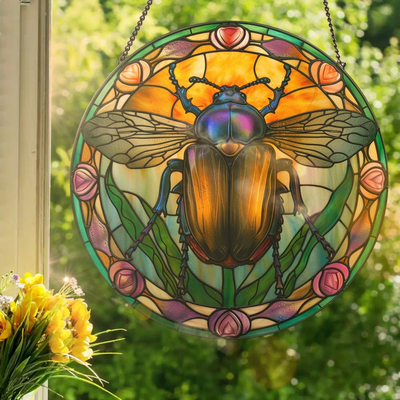 Art Nouveau Beetle: Stained Glass Style Wall or Window Hanging Made With Real Glass image 1