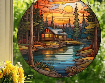 Cabin on The Lake: Stained Glass Style Wall or Window Hanging