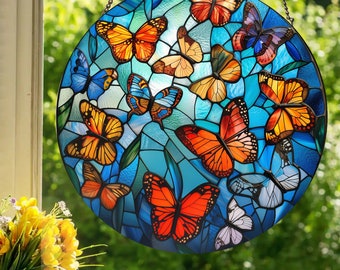 Butterfly Sky: Stained Glass Style Wall or Window Hanging Made With Real Glass