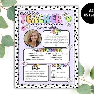 May include: Meet the Teacher printable poster with a colorful, retro design. The poster features a photo of a teacher, a section about her, her favorite things, fun facts, and contact information. The poster is decorated with black and white polka dots and daisies.