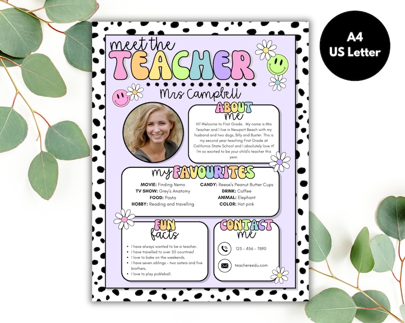 May include: Meet the Teacher printable poster with a colorful, retro design. The poster features a photo of a teacher, a section about her, her favorite things, fun facts, and contact information. The poster is decorated with black and white polka dots and daisies.