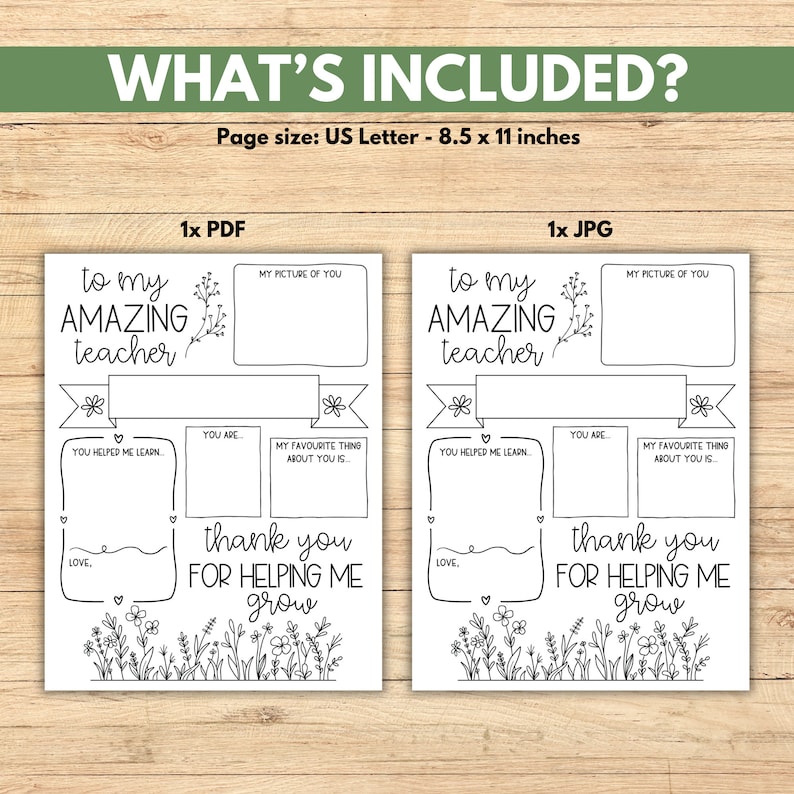 May include: Printable black and white teacher appreciation card with the text "to my AMAZING teacher" and "thank you for helping me grow". The card includes space for a picture of the teacher, a message about what the teacher helped the student learn, and what the student's favorite thing about the teacher is. The card is available in PDF and JPG formats.