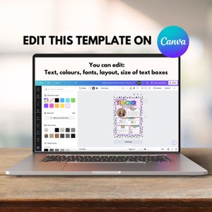 May include: A laptop screen displaying a Canva template for a teacher's profile. The template features a colorful design with a photo placeholder, text boxes, and a title that reads "Meet Your Teacher".