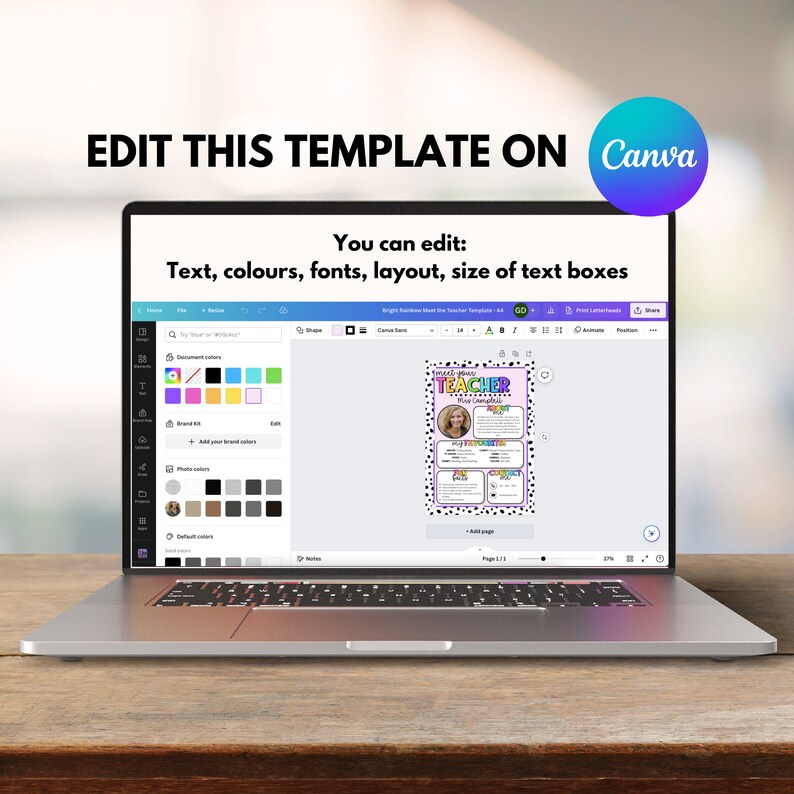 May include: A laptop screen displaying a Canva template for a teacher's profile. The template features a colorful design with a photo placeholder, text boxes, and a title that reads "Meet Your Teacher".