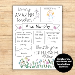 May include: Printable thank you card for a teacher with a flower border. The card has space for a student to write about their teacher and draw a picture. The text on the card says "to my AMAZING teacher Miss Murphy".