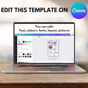 May include: A laptop computer screen displaying a Canva design template for a teacher appreciation card. The template features a colorful design with a photo of a teacher and the text "Teacher Appreciation Day". The text "You can edit: Text, colors, fonts, layout, pictures" is displayed above the laptop screen.