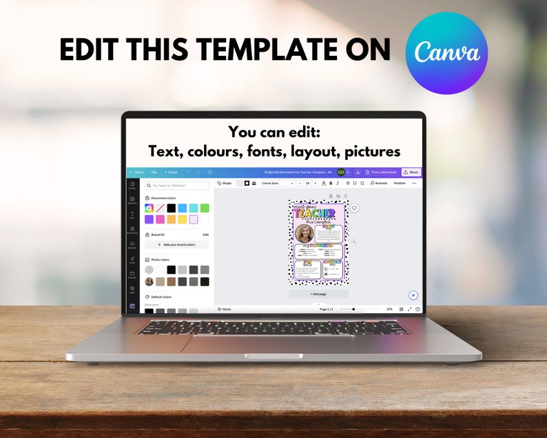 May include: A laptop computer screen displaying a Canva design template for a teacher appreciation card. The template features a colorful design with a photo of a teacher and the text "Teacher Appreciation Day". The text "You can edit: Text, colors, fonts, layout, pictures" is displayed above the laptop screen.
