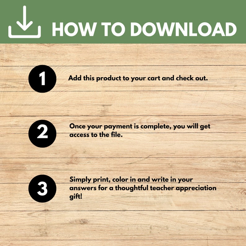 May include: A three-step guide on how to download a digital product. The steps are numbered 1, 2, and 3. Each step is written in black text on a white circle with a black outline. The background is a light brown wood grain.