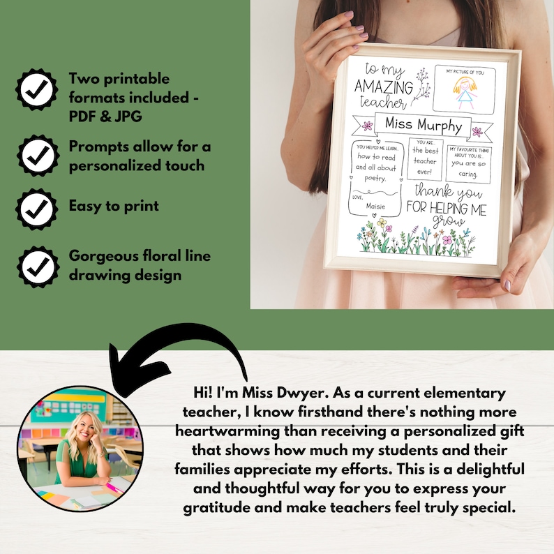 May include: Printable thank you card for teachers with a floral design. The card says "To my amazing teacher Miss Murphy" and includes space for a student to write a message and draw a picture.