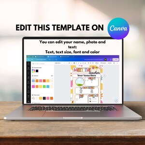 May include: A computer screen displaying a Canva template for a "Meet the Teacher" poster. The template features a colorful design with flowers and a smiling sun. The text on the screen reads "Meet the Teacher", "Your Name Here", "About Me", "My Favorites", "Fun Facts", and "Contact Me".