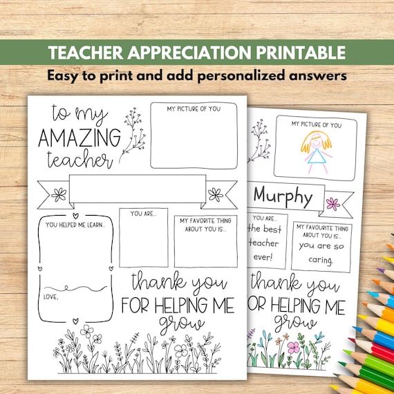 Teacher Appreciation Printable, All About My Teacher End of the School Year Gift for Teacher Survey, Teacher Appreciation Week Gift Coloring