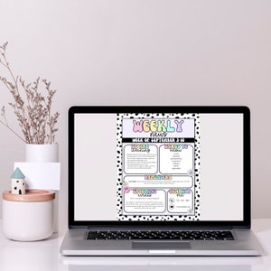 May include: A weekly news bulletin for the week of September 3-10. The bulletin is designed with a black and white polka dot background. The bulletin includes sections for "We are learning", "Words to know", "Reminders", "Upcoming events", and "Contact me".