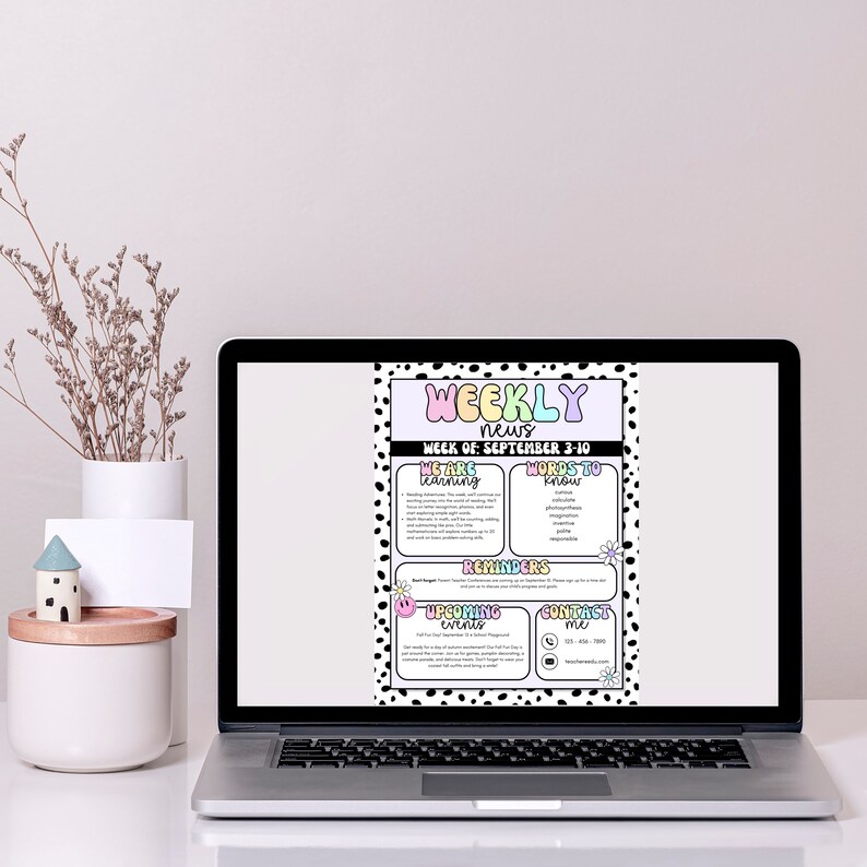 May include: A weekly news bulletin for the week of September 3-10. The bulletin is designed with a black and white polka dot background. The bulletin includes sections for "We are learning", "Words to know", "Reminders", "Upcoming events", and "Contact me".