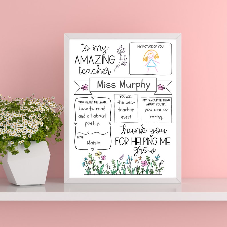 May include: A printable thank you card for a teacher with a hand-drawn picture of a girl, flowers, and the text "to my AMAZING teacher Miss Murphy You helped me learn how to read and all about poetry. You are the best teacher ever! My favorite thing about you is you are so caring. Thank you for helping me grow. Love, Maisie"