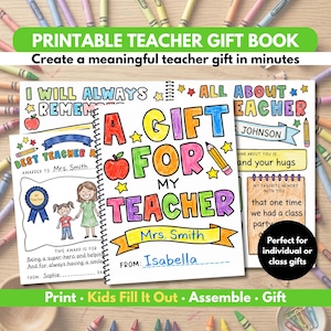 Könnte beinhalten: Ein druckbares Lehrergeschenkbuch mit farbenfrohem Text und Illustrationen. Auf dem Cover steht "Ein Geschenk für meinen Lehrer" mit Platz für Personalisierungen. Enthält Seiten für Schülerbotschaften und Erinnerungen.