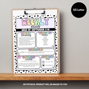 May include: A printable weekly newsletter for teachers with a black and white polka dot background. The newsletter includes a list of words to know, reminders, upcoming events, and contact information. The title of the newsletter is "Weekly News" and the week is September 3-10.