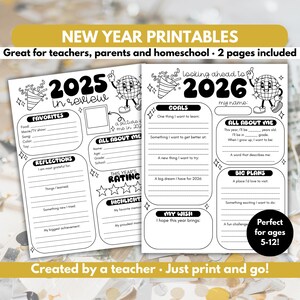 May include: Black and white printable New Year's activity sheets for kids ages 5-12. The sheets include prompts for reflection, goals, and personal information. Text includes "2025 in review" and "2026 looking ahead".