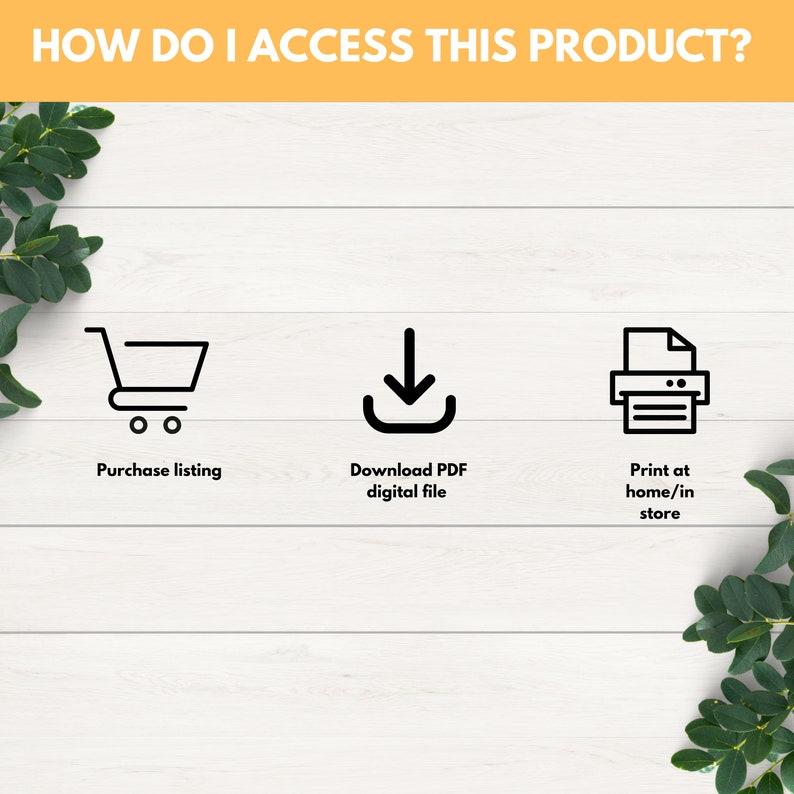 May include: Illustration showing three ways to access a digital product: purchase a listing, download a PDF file, or print at home or in a store.