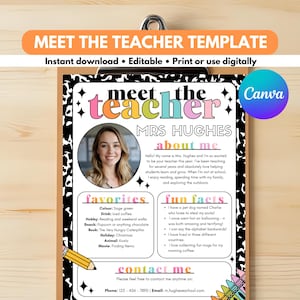 May include: A printable "Meet the Teacher" template with a photo, favorite things, and fun facts. The template is designed with a black and white cow print border and includes the text "Meet the Teacher Template" and "Instant download".