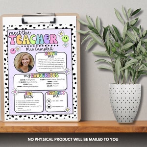 May include: A printable teacher meet and greet poster with a purple background and a polka dot border. The poster includes a photo of the teacher, a section about her, her favorite things, fun facts, and contact information. The text on the poster reads "Meet the Teacher, Mrs. Campbell".