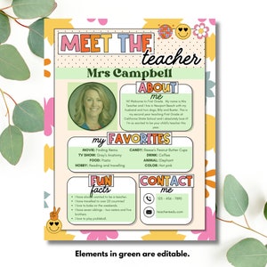 May include: A colorful printable meet the teacher template with a photo of a teacher, her name, and information about her favorite things, fun facts, and contact information. The text "Elements in green are editable" is at the bottom of the page.