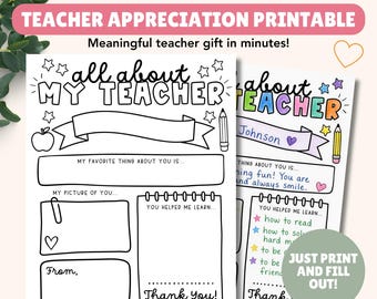 All About My Teacher Printable Gift Kids Fill In Worksheet Teacher Appreciation Week End of Year Teacher Gift Last Day School Activity