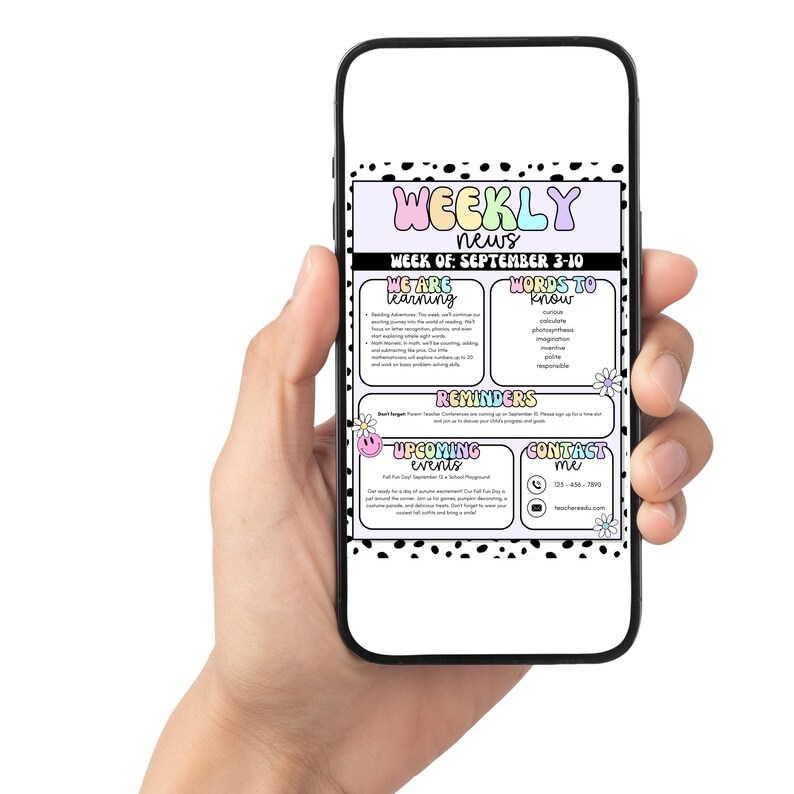 May include: A weekly news bulletin for students with a black and white polka dot background. The bulletin includes sections for "We Are Learning", "Words to Know", "Reminders", "Upcoming Events", and "Contact Me".