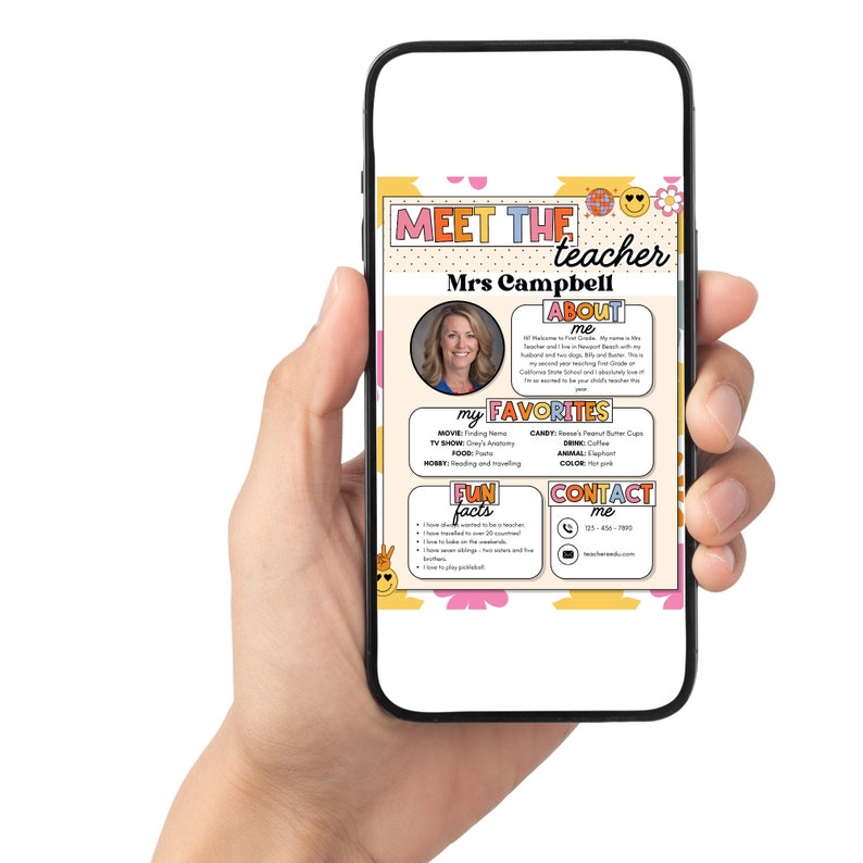 May include: A colorful digital flyer with the text "Meet the Teacher" and a photo of a smiling woman. The flyer includes information about the teacher, including their favorite things, fun facts, and contact information.
