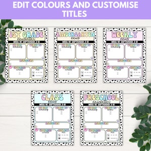 May include: Five printable newsletter templates for different grade levels: 1st Grade, Kindergarten, Weekly, Class, and Preschool. Each template features a colorful title with a black and white polka dot background. The templates include sections for "We are learning", "Words to know", "Reminders", "Upcoming Events", and "Contact Me".